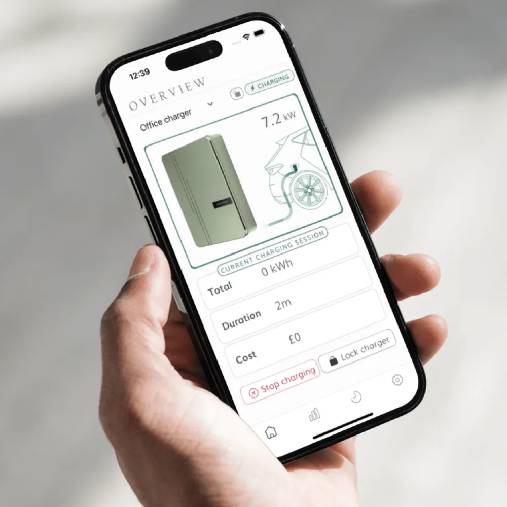 Smartphone showing Andersen app control for EV charging.